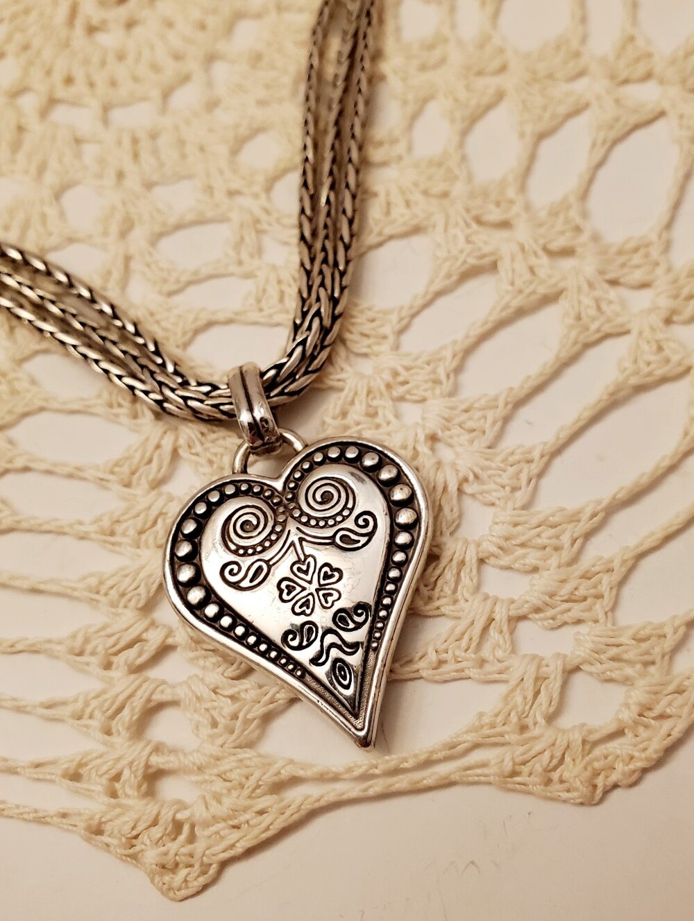 BRIGHTON Ophelia Silver Heart Pendant Necklace, Triple Strand, Great Condition
